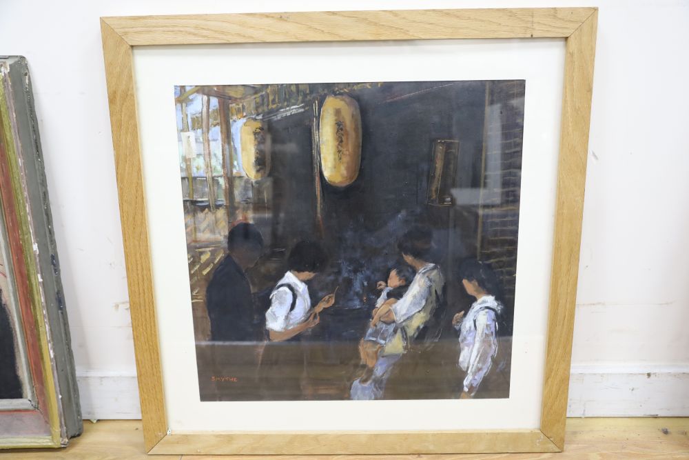 Smythe (20th C.), oil on canvas laid on board, Chinese interior with figures around a brazier, signed, 48 x 48cm